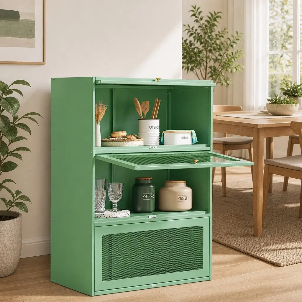 Buffet Sideboard Cabinet Light Green 5-Tier Storage Mesh Doors Cold-Rolled Steel