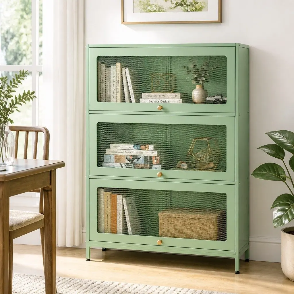 Buffet Sideboard Cabinet Light Green 5-Tier Storage Mesh Doors Cold-Rolled Steel