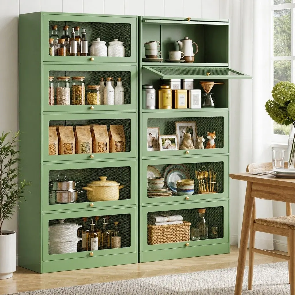 Buffet Sideboard Cabinet Light Green 5-Tier Storage Mesh Doors Cold-Rolled Steel
