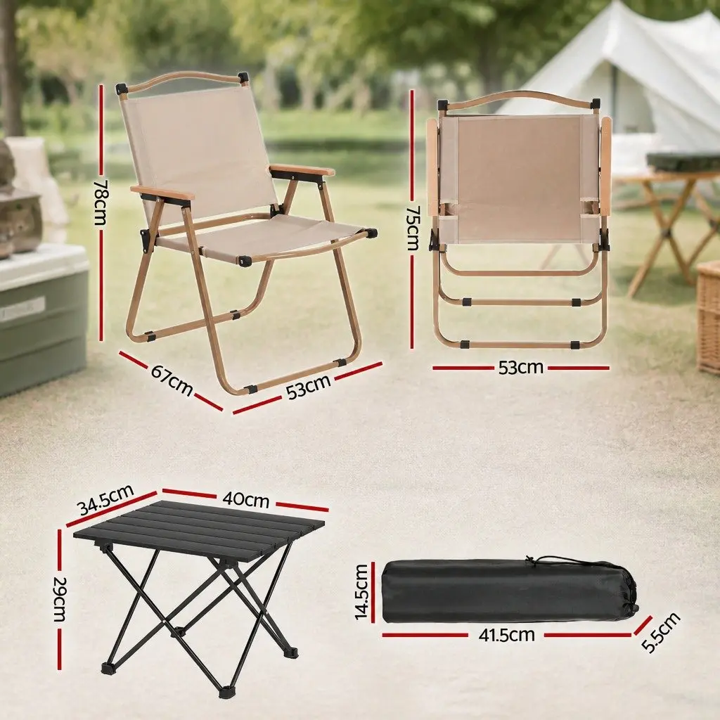 3 Piece Camping Table Chair Set Beige Lightweight Folding Portable Outdoor Furniture