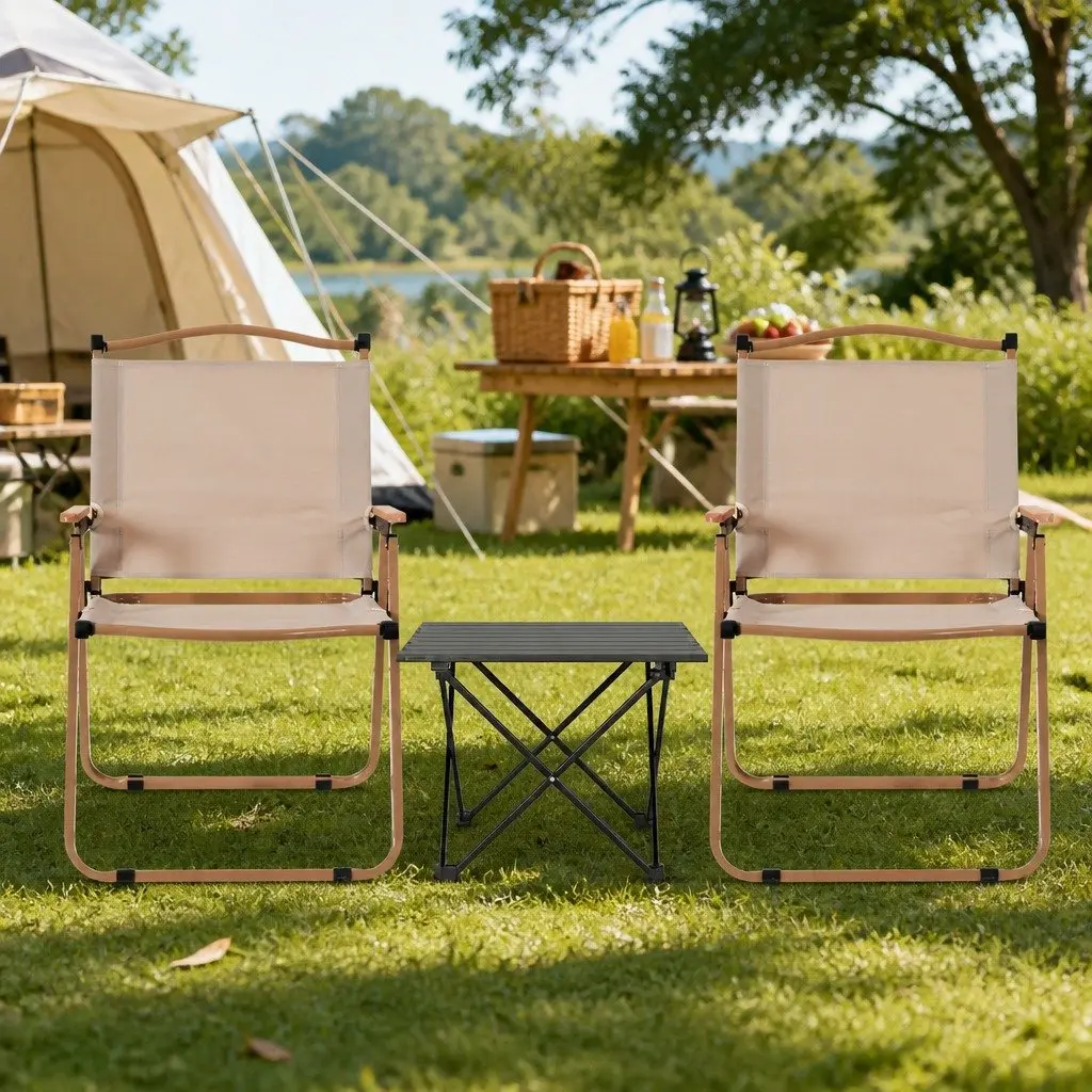 3 Piece Camping Table Chair Set Beige Lightweight Folding Portable Outdoor Furniture