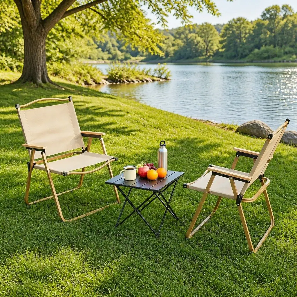 3 Piece Camping Table Chair Set Beige Lightweight Folding Portable Outdoor Furniture