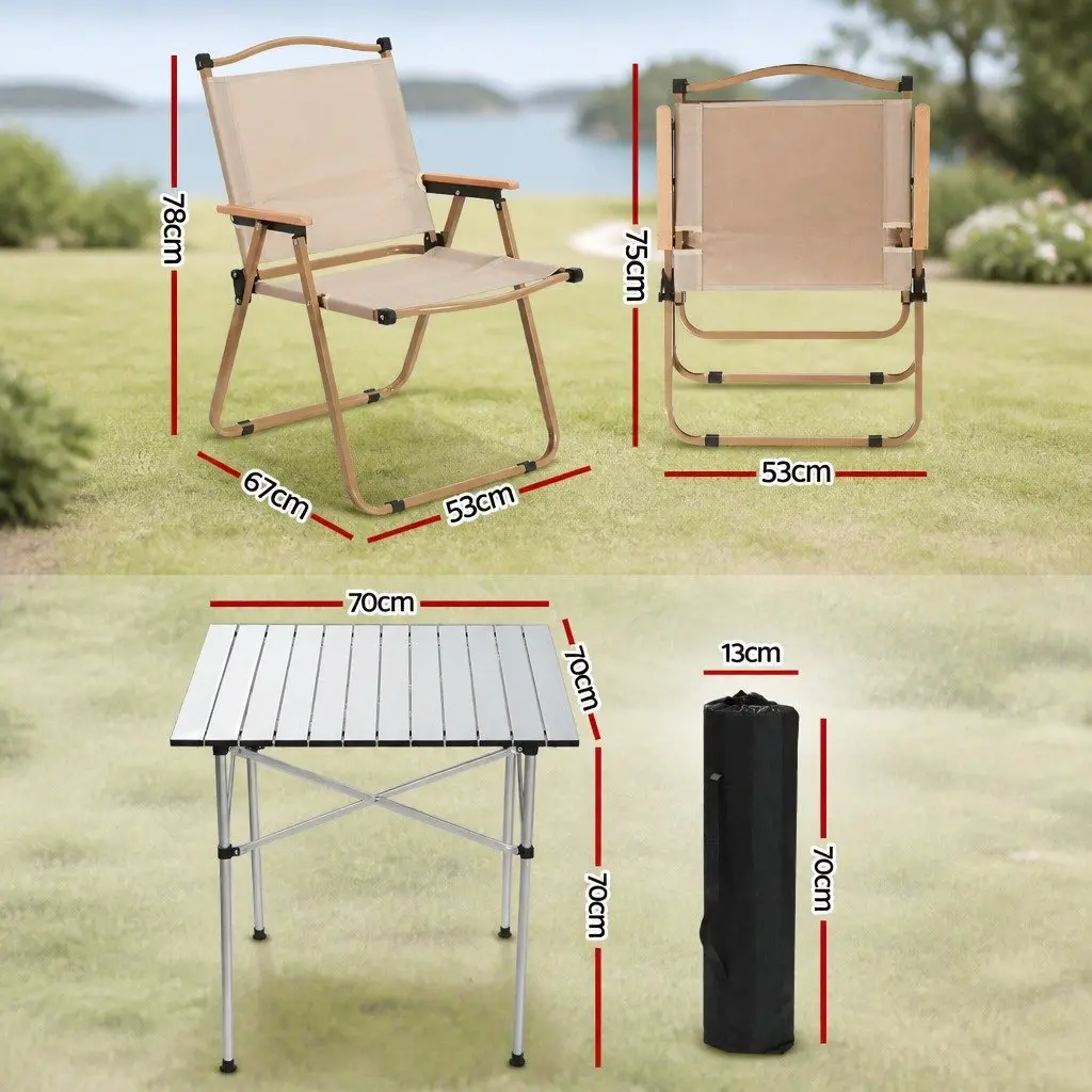 Camping Table Chair Set Beige 3-Piece Outdoor Folding Portable Aluminium Steel