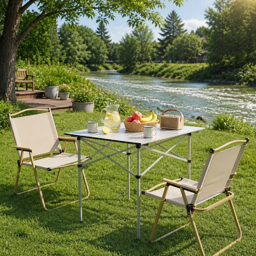 Camping Table Chair Set Beige 3-Piece Outdoor Folding Portable Aluminium Steel