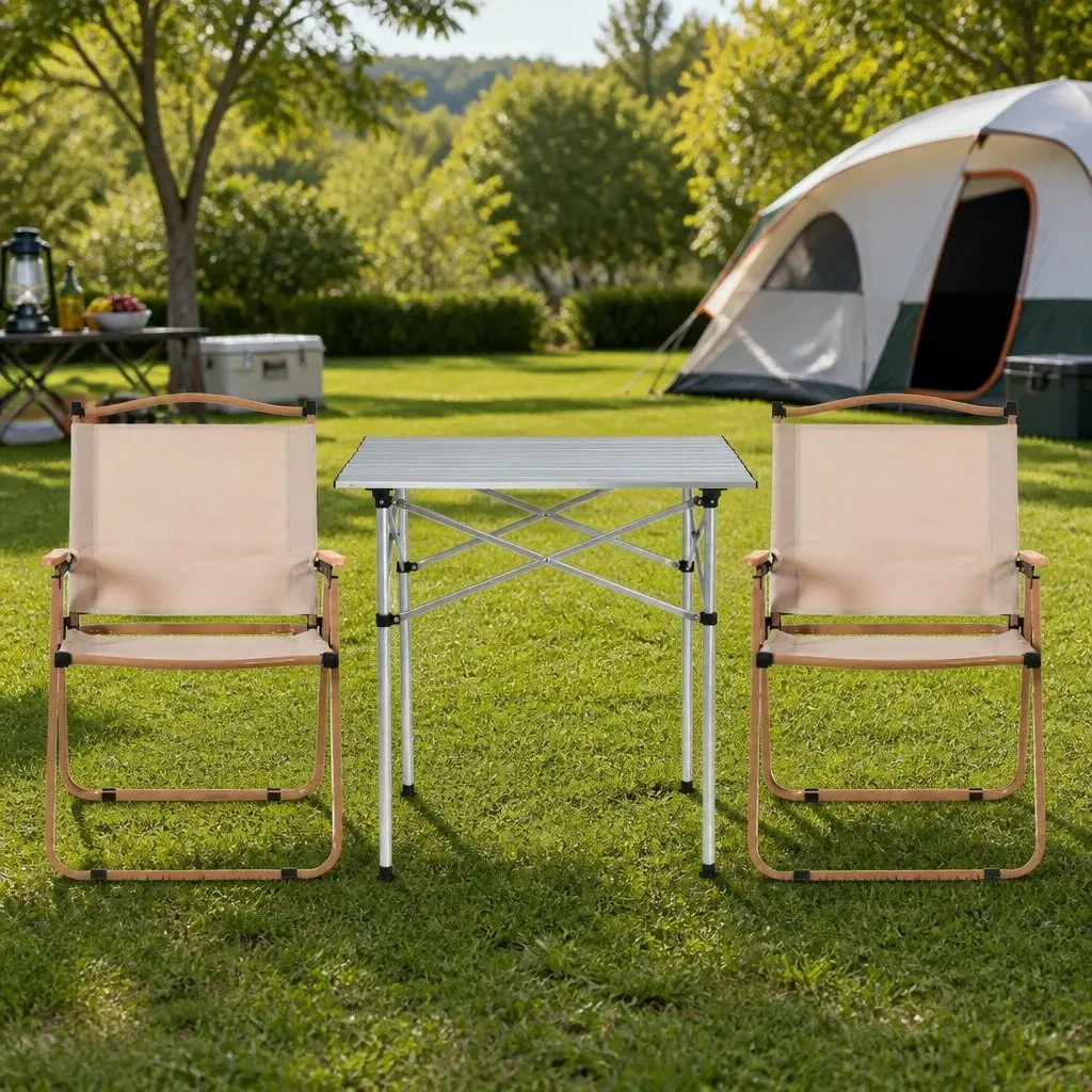 Camping Table Chair Set Beige 3-Piece Outdoor Folding Portable Aluminium Steel