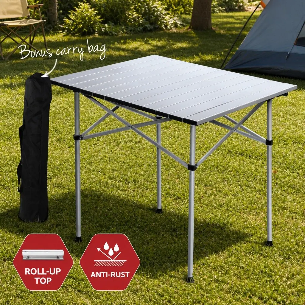 Camping Table Chair Set Beige 3-Piece Outdoor Folding Portable Aluminium Steel