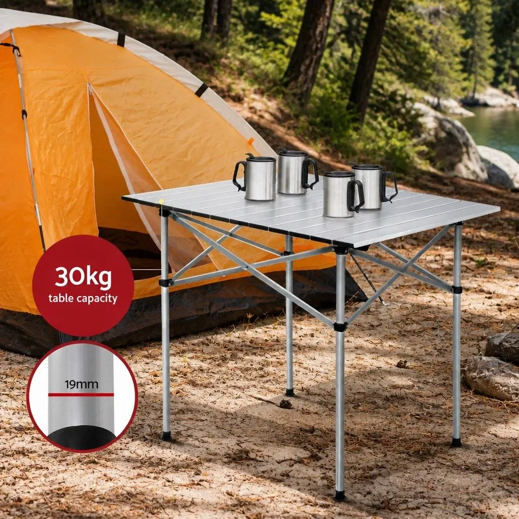 Camping Table Chair Set Beige 3-Piece Outdoor Folding Portable Aluminium Steel
