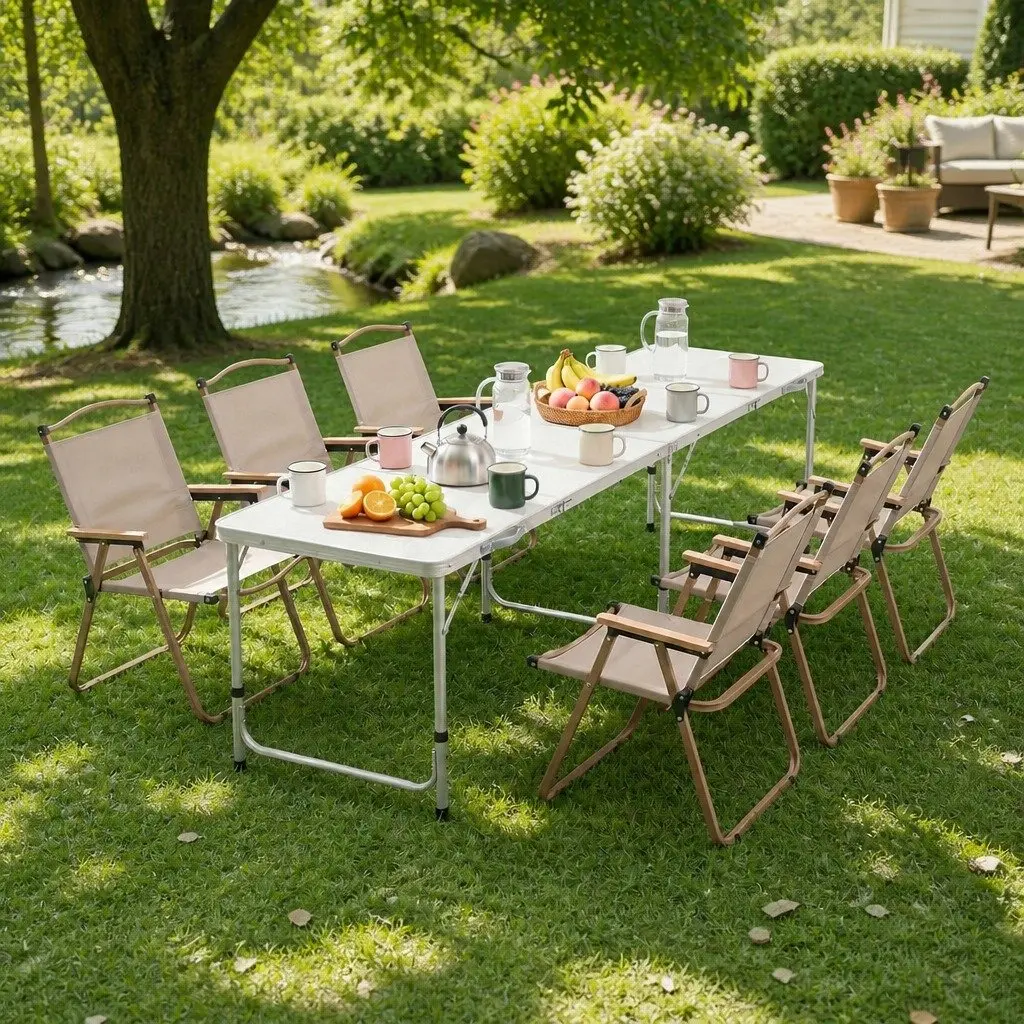 7-Piece Folding Camping Table Chair Set Portable Lightweight Outdoor Picnic Beige Silver