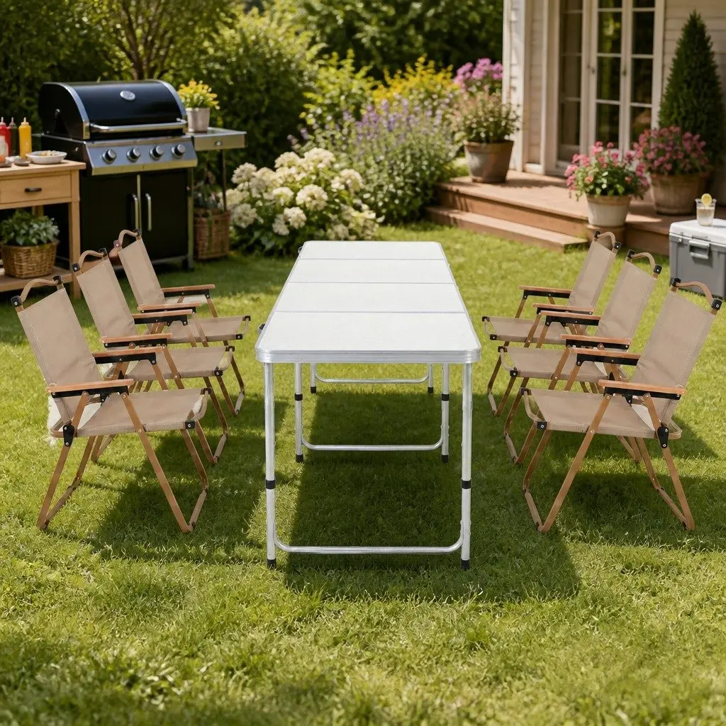 7-Piece Folding Camping Table Chair Set Portable Lightweight Outdoor Picnic Beige Silver