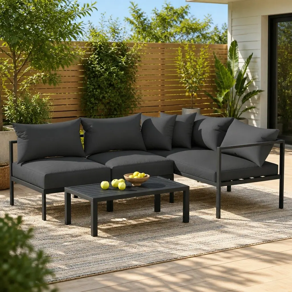 Outdoor Sofa Set Charcoal 4 Seater Aluminium Lounge with Coffee Table Water Resistant Cushions Customisable Configuration