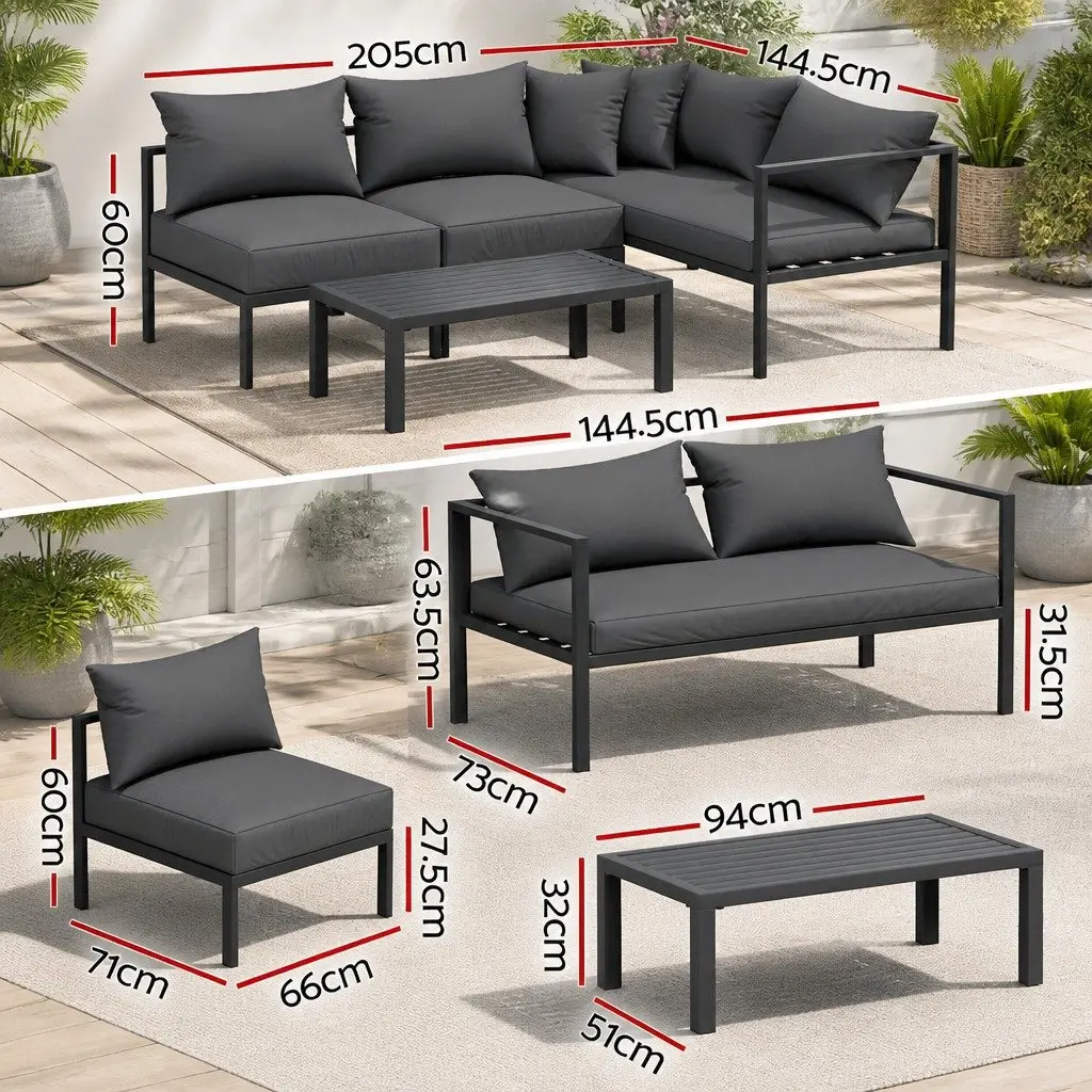 Outdoor Sofa Set Charcoal 4 Seater Aluminium Lounge with Coffee Table Water Resistant Cushions Customisable Configuration