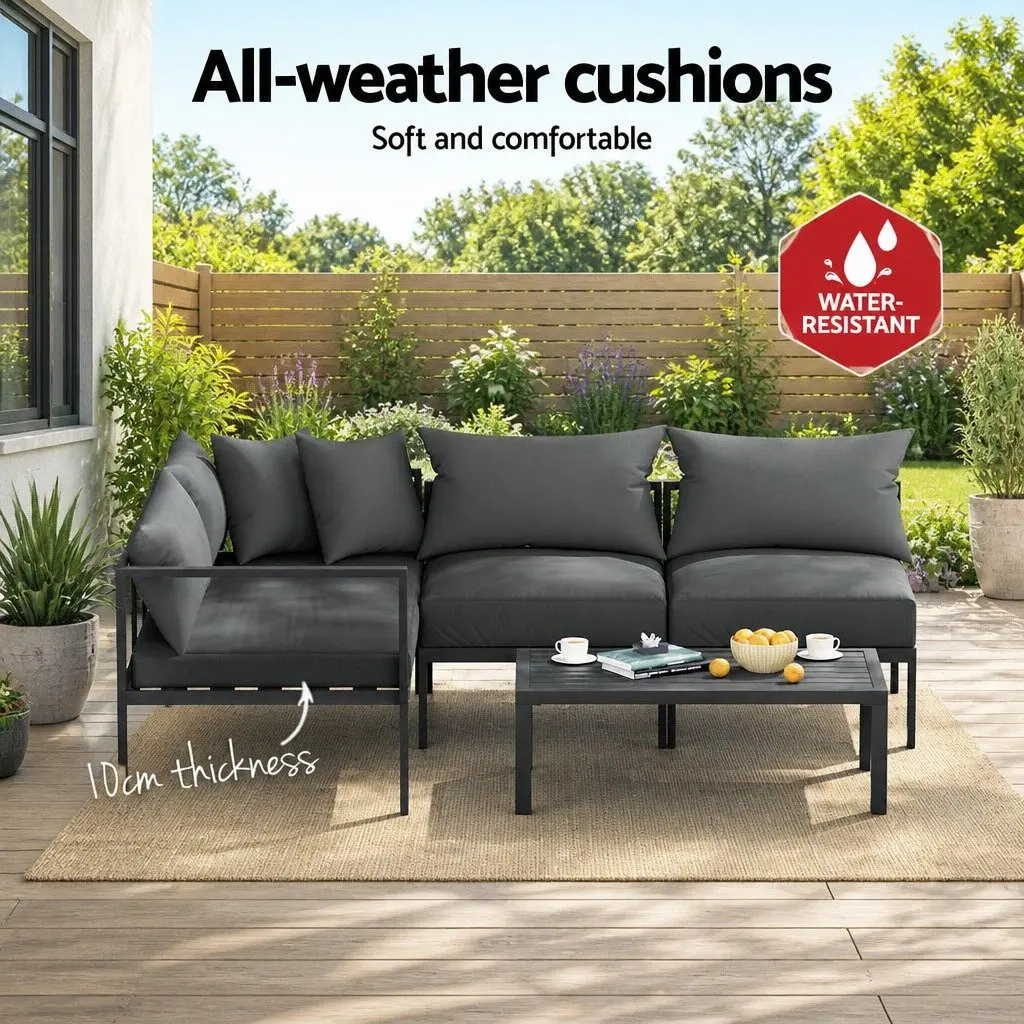 Outdoor Sofa Set Charcoal 4 Seater Aluminium Lounge with Coffee Table Water Resistant Cushions Customisable Configuration