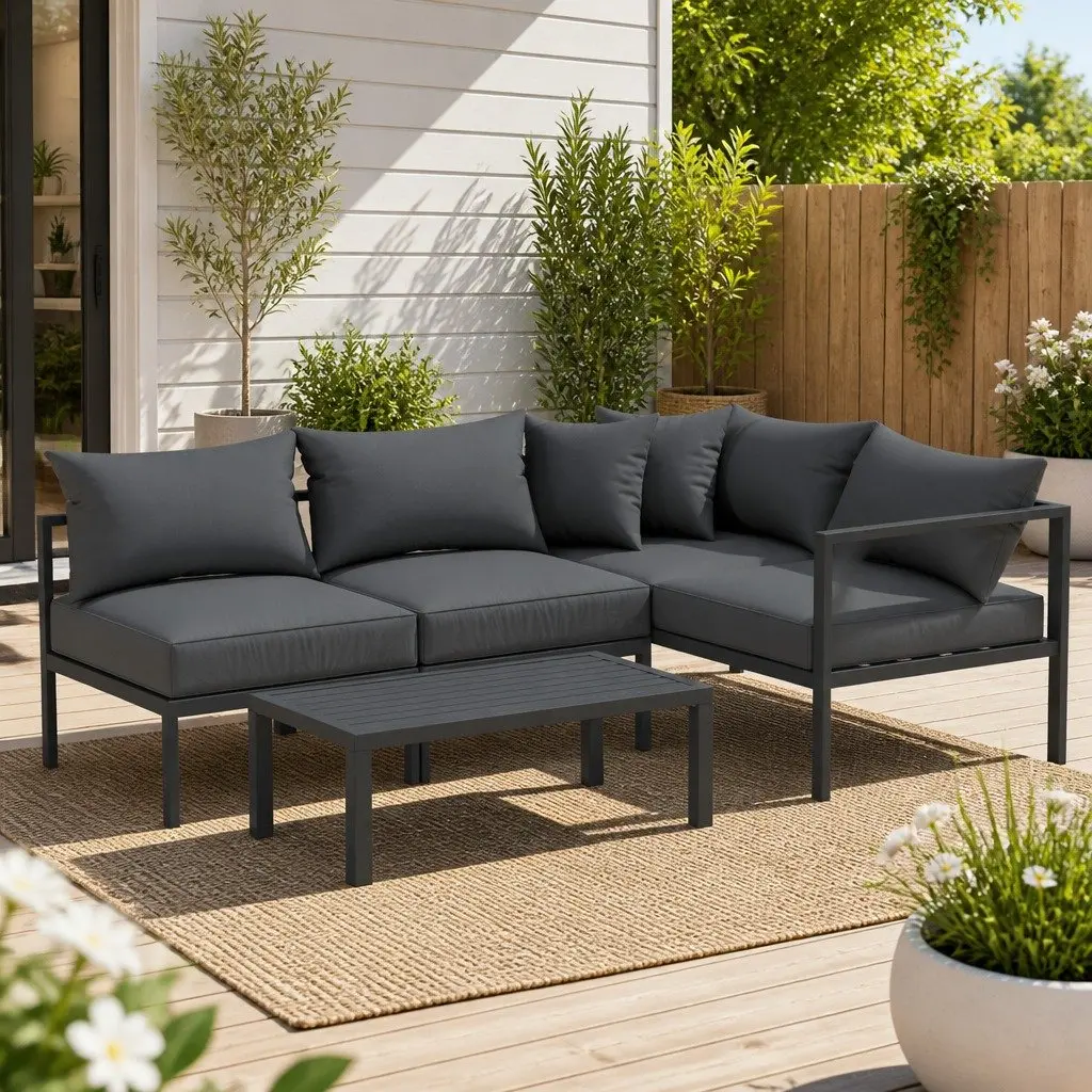 Outdoor Sofa Set Charcoal 4 Seater Aluminium Lounge with Coffee Table Water Resistant Cushions Customisable Configuration