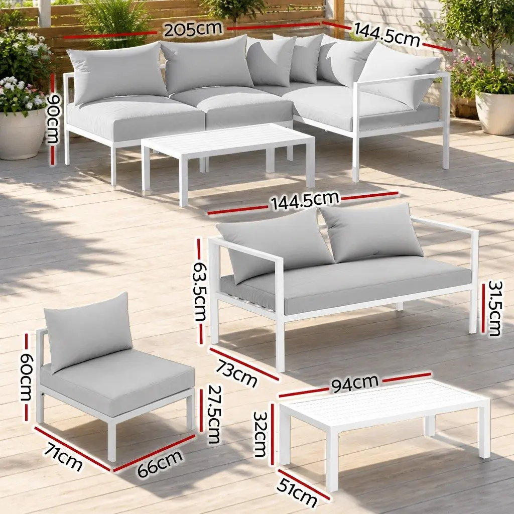 Outdoor Lounge Set White Frame Grey Cushions 4 Seater Aluminium Sofa with Coffee Table