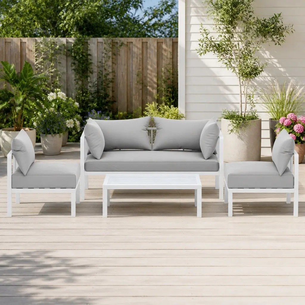 Outdoor Lounge Set White Frame Grey Cushions 4 Seater Aluminium Sofa with Coffee Table