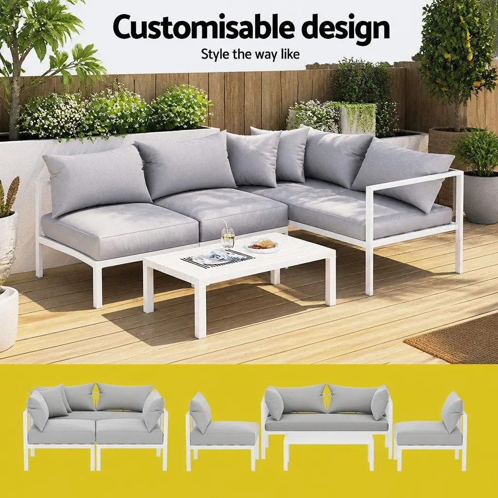 Outdoor Lounge Set White Frame Grey Cushions 4 Seater Aluminium Sofa with Coffee Table