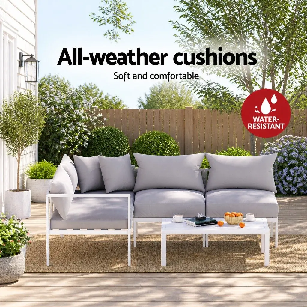 Outdoor Lounge Set White Frame Grey Cushions 4 Seater Aluminium Sofa with Coffee Table