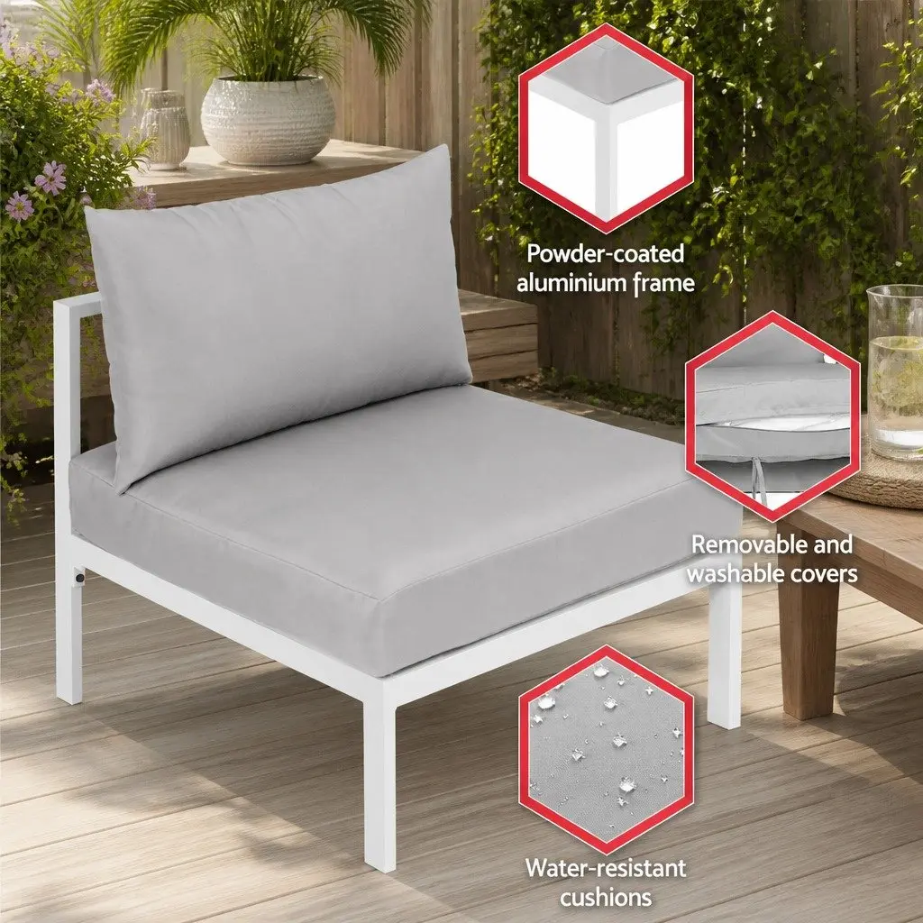 Outdoor Lounge Set White Frame Grey Cushions 4 Seater Aluminium Sofa with Coffee Table