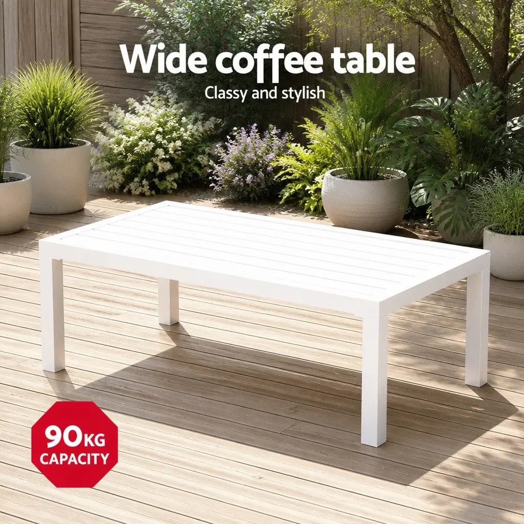 Outdoor Lounge Set White Frame Grey Cushions 4 Seater Aluminium Sofa with Coffee Table