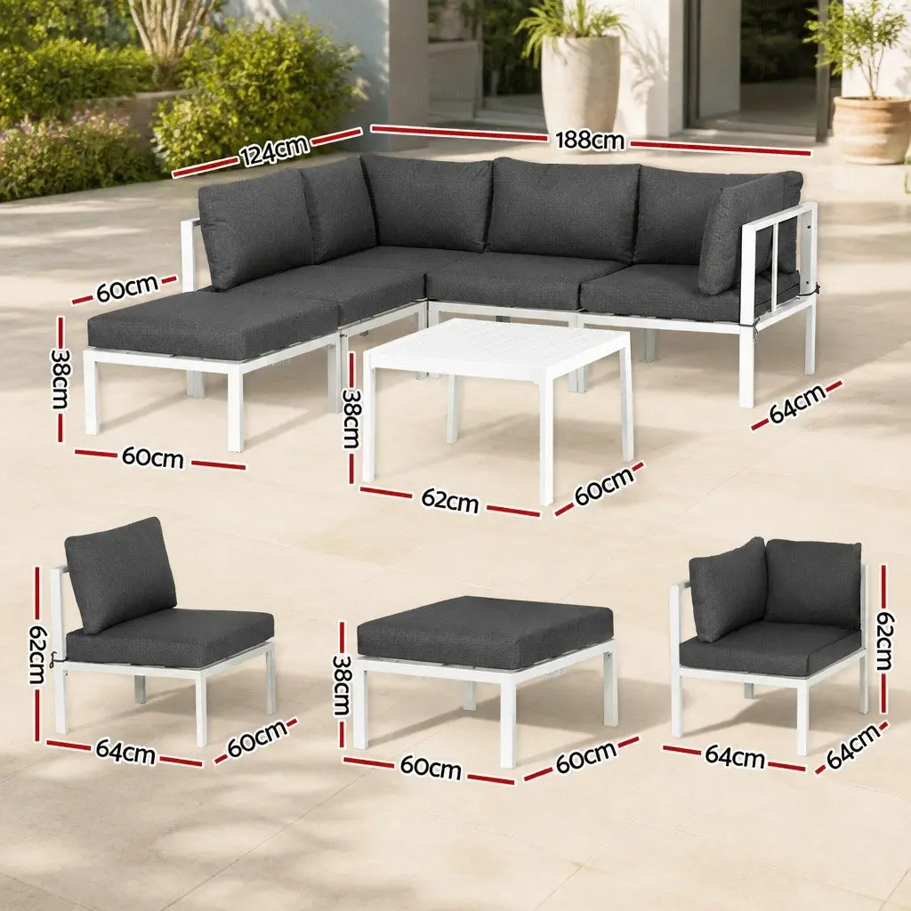 Outdoor Lounge Sofa Set White Aluminium Frame 6 Piece with Grey Cushions Customisable Layout
