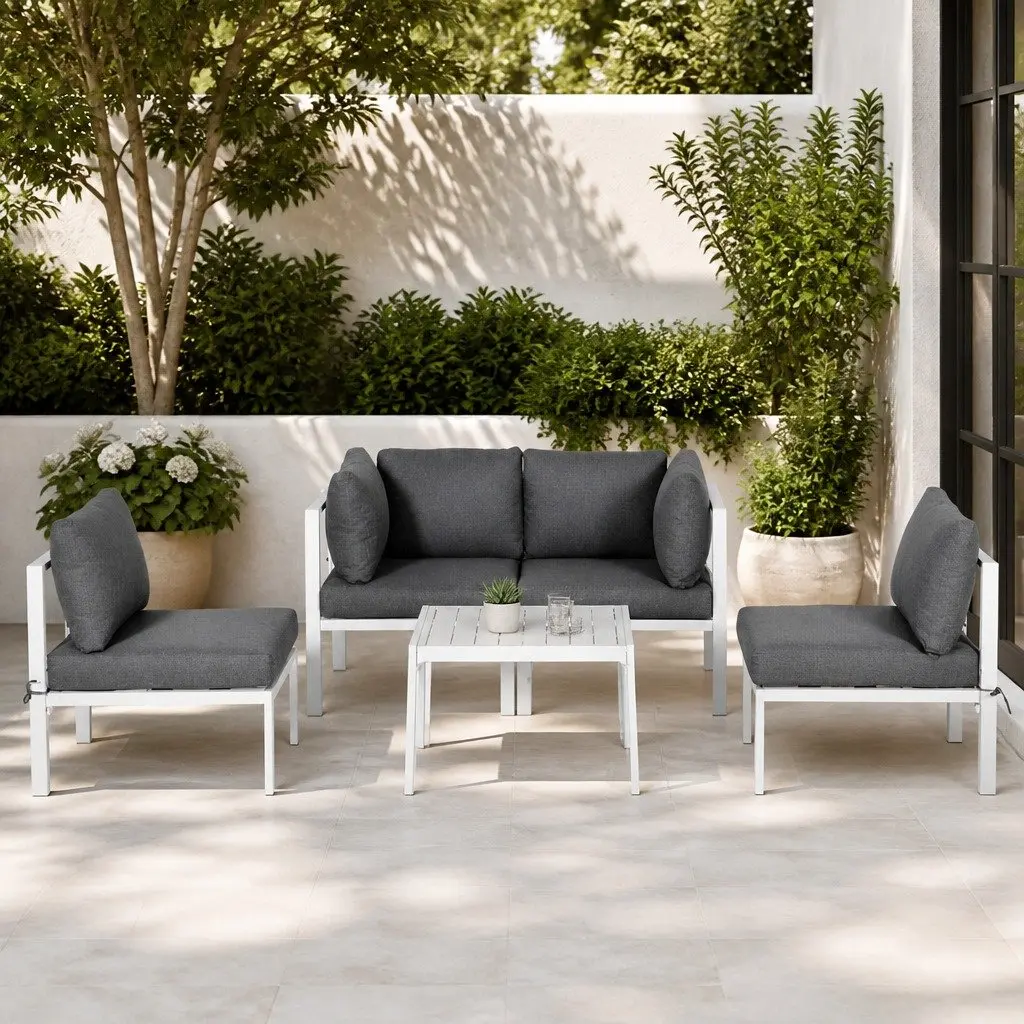 Outdoor Lounge Sofa Set White Aluminium Frame 6 Piece with Grey Cushions Customisable Layout