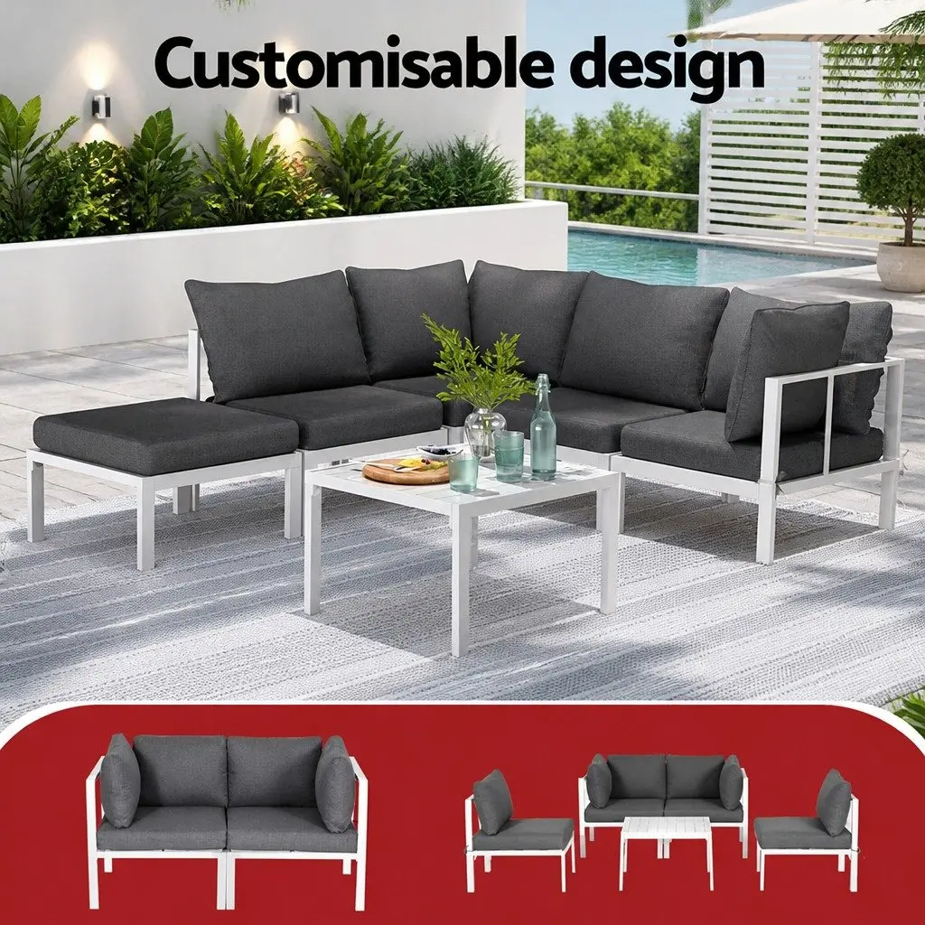 Outdoor Lounge Sofa Set White Aluminium Frame 6 Piece with Grey Cushions Customisable Layout