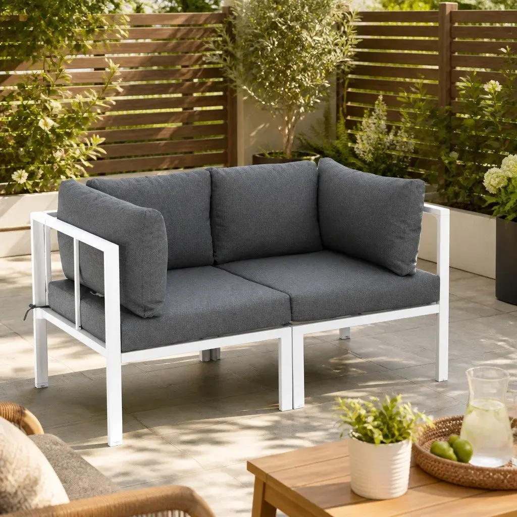 Outdoor Lounge Sofa Set White Aluminium Frame 6 Piece with Grey Cushions Customisable Layout