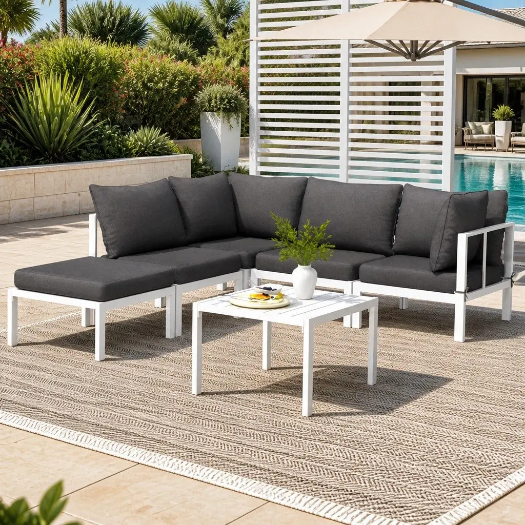 Outdoor Lounge Sofa Set White Aluminium Frame 6 Piece with Grey Cushions Customisable Layout
