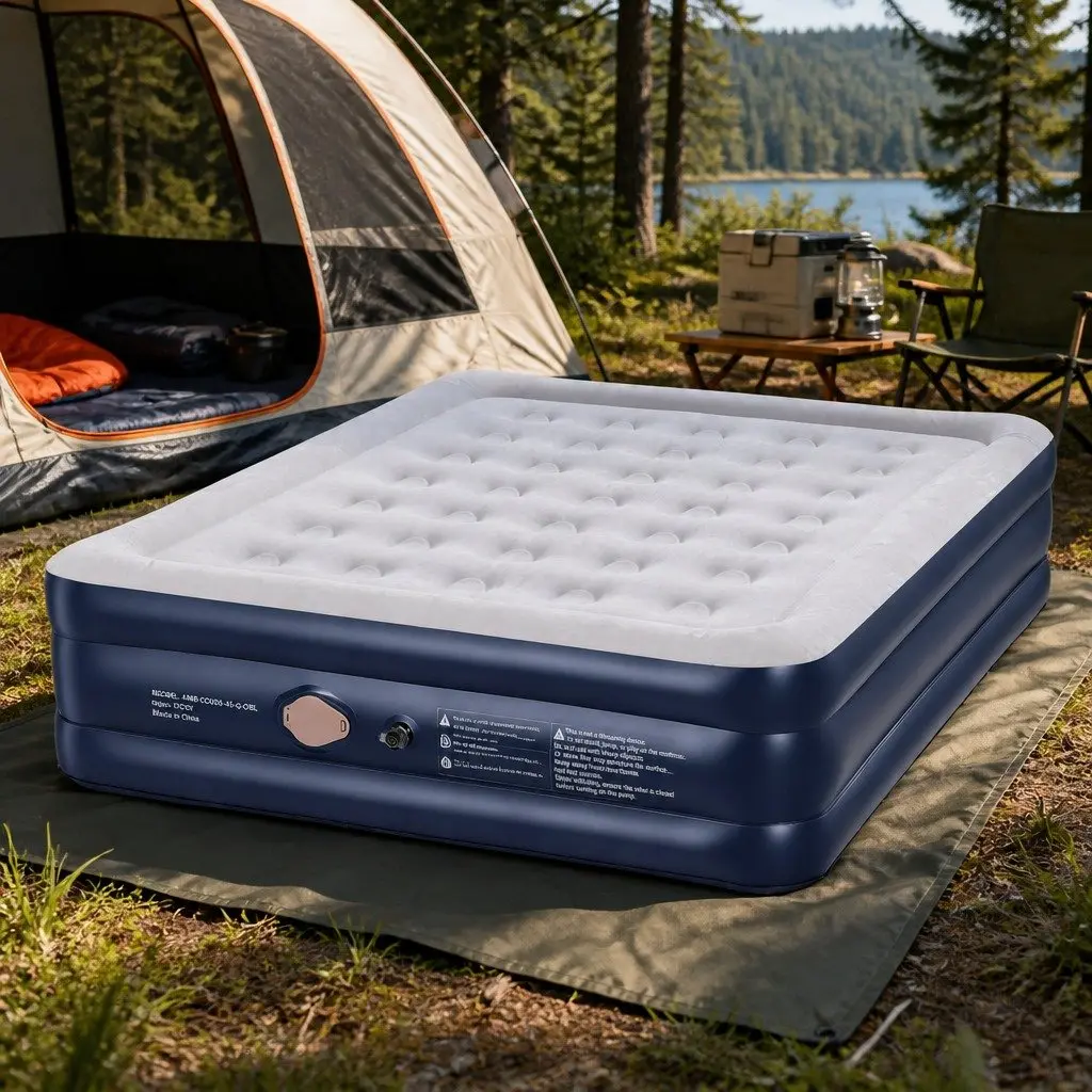 Queen Air Mattress Navy Blue 46cm Height Inflatable Bed with Integrated USB Pump
