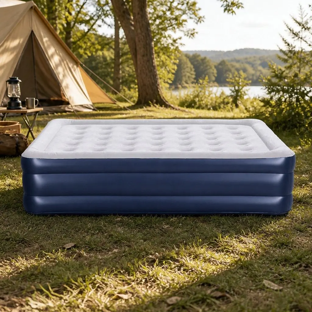 Queen Air Mattress Navy Blue 46cm Height Inflatable Bed with Integrated USB Pump
