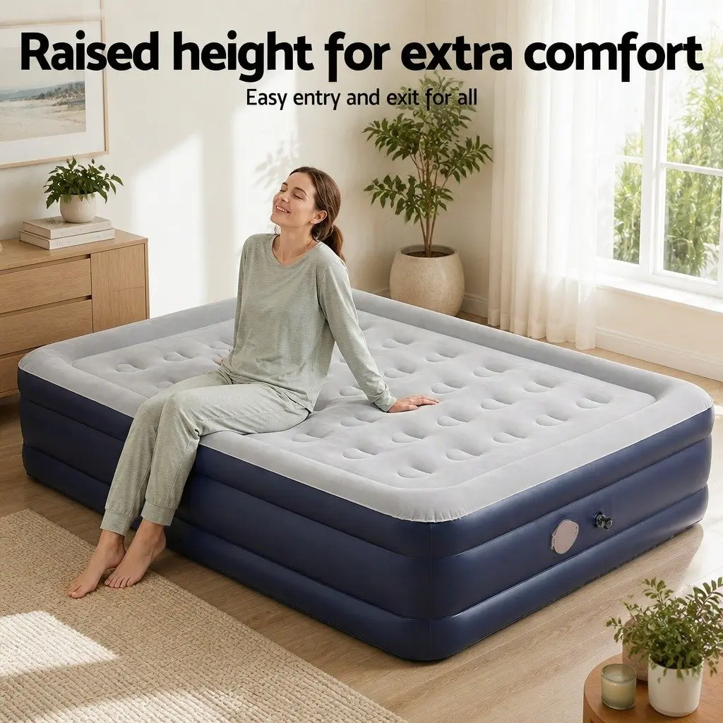 Queen Air Mattress Navy Blue 46cm Height Inflatable Bed with Integrated USB Pump