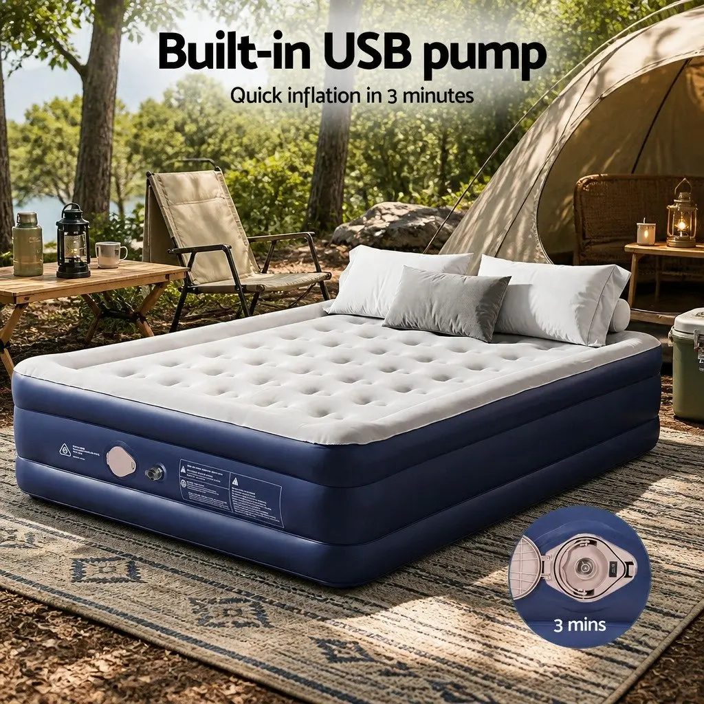 Queen Air Mattress Navy Blue 46cm Height Inflatable Bed with Integrated USB Pump