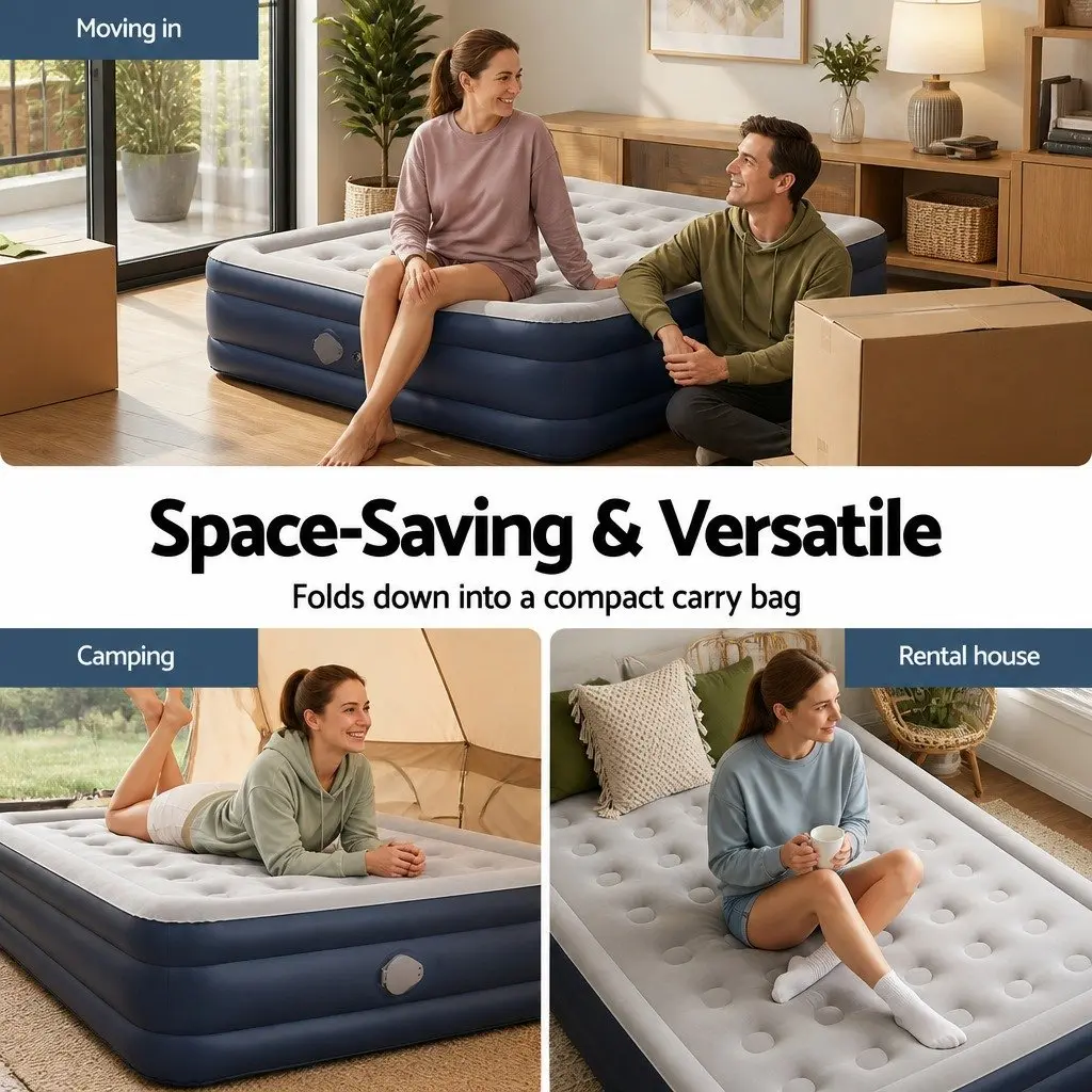 Queen Air Mattress Navy Blue 46cm Height Inflatable Bed with Integrated USB Pump