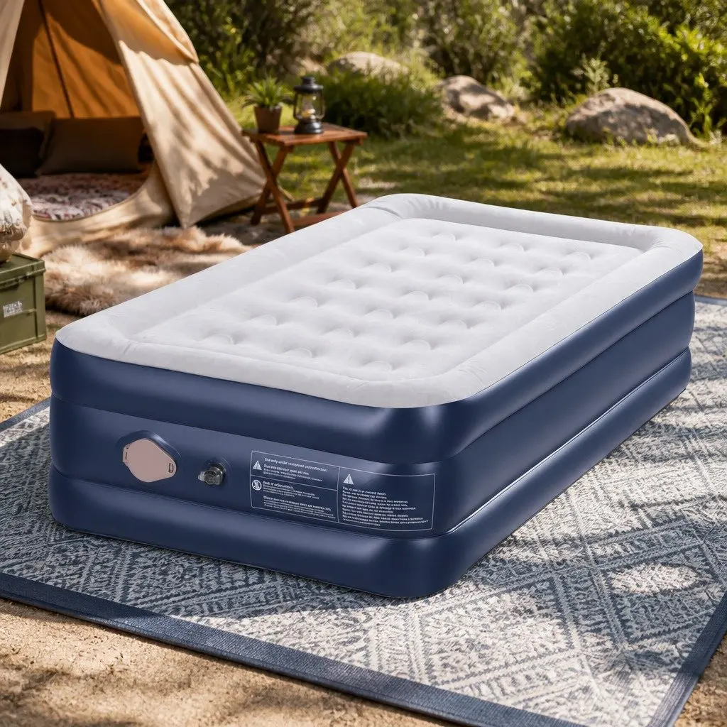 Single Air Mattress Navy Blue 46cm High Inflatable Bed with Integrated USB Pump