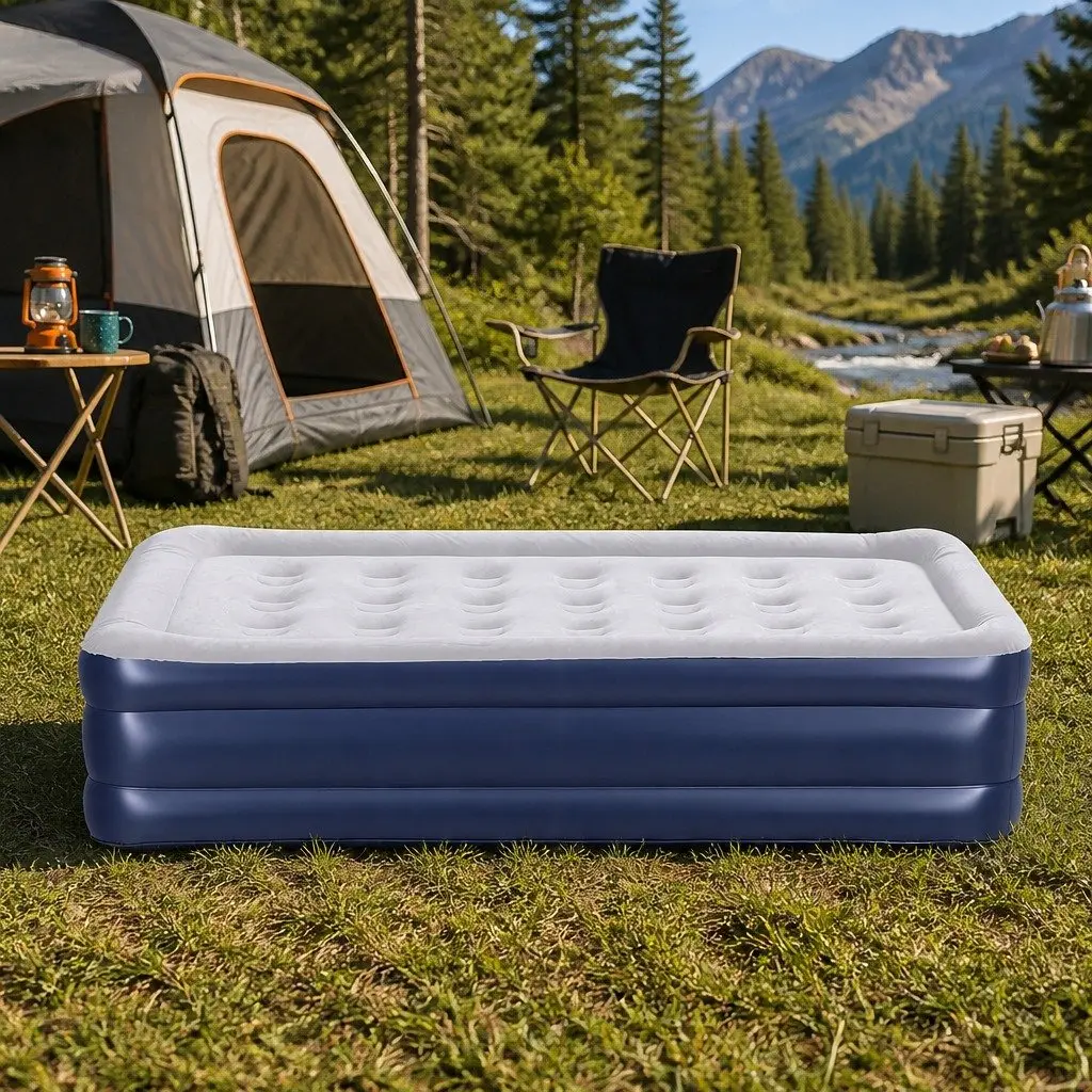 Single Air Mattress Navy Blue 46cm High Inflatable Bed with Integrated USB Pump
