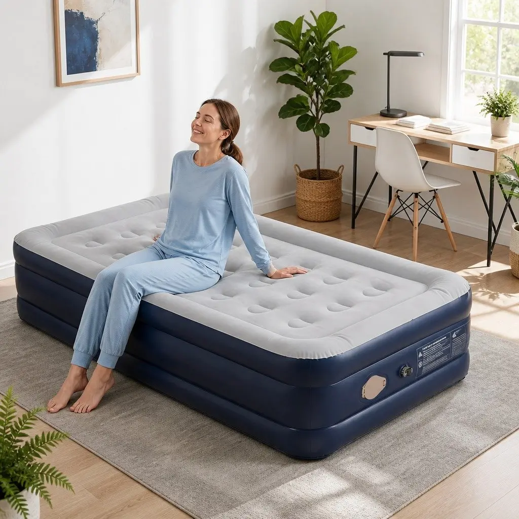 Single Air Mattress Navy Blue 46cm High Inflatable Bed with Integrated USB Pump