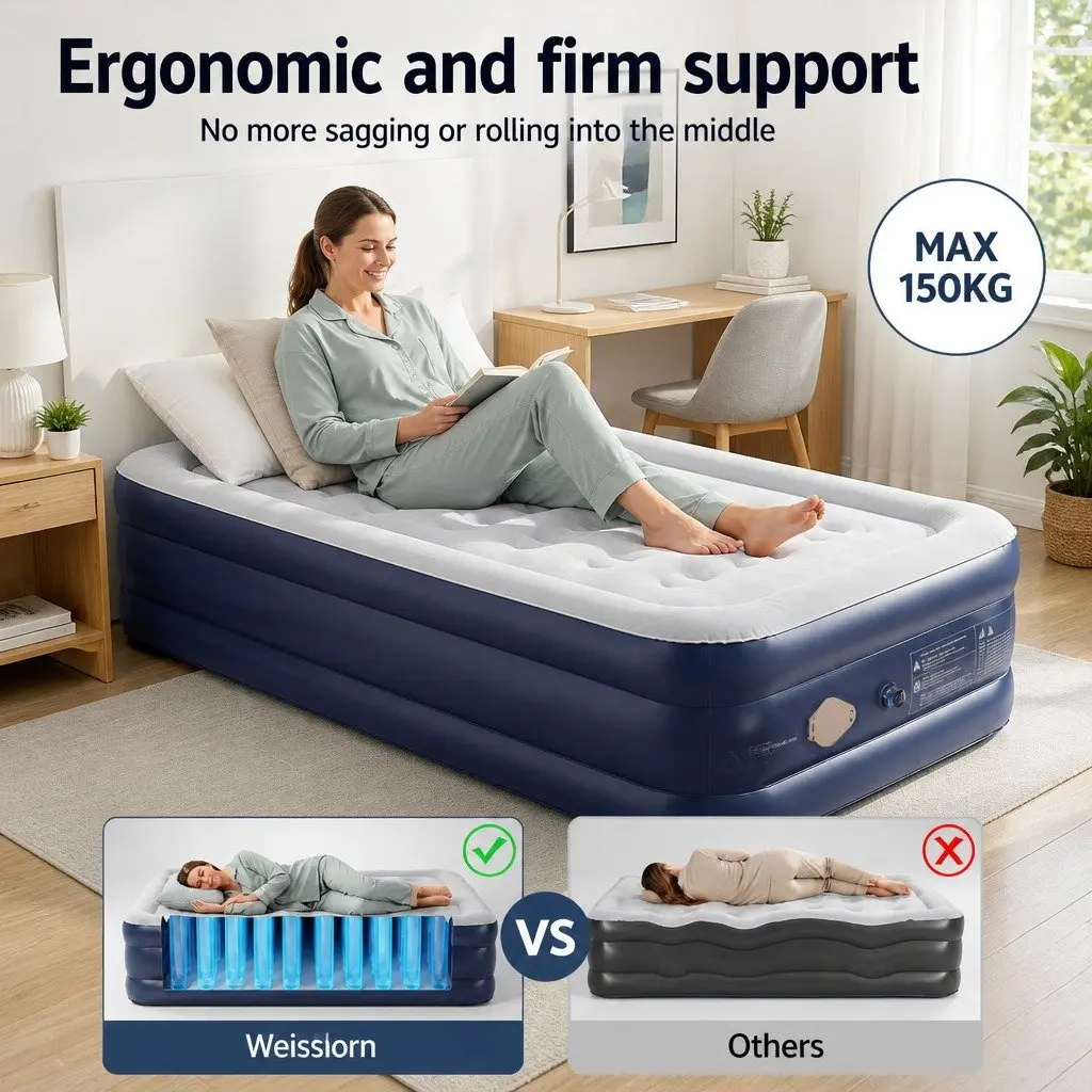 Single Air Mattress Navy Blue 46cm High Inflatable Bed with Integrated USB Pump