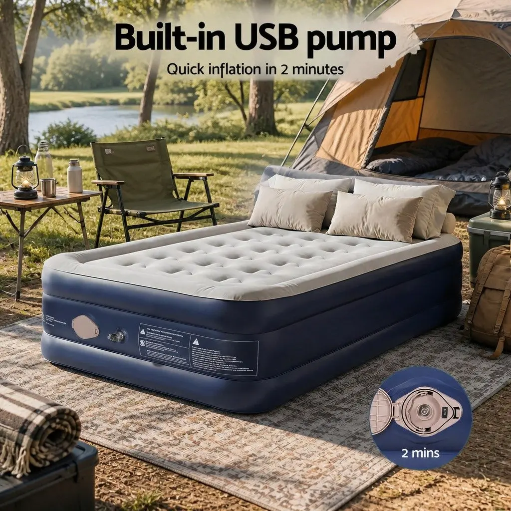 Single Air Mattress Navy Blue 46cm High Inflatable Bed with Integrated USB Pump