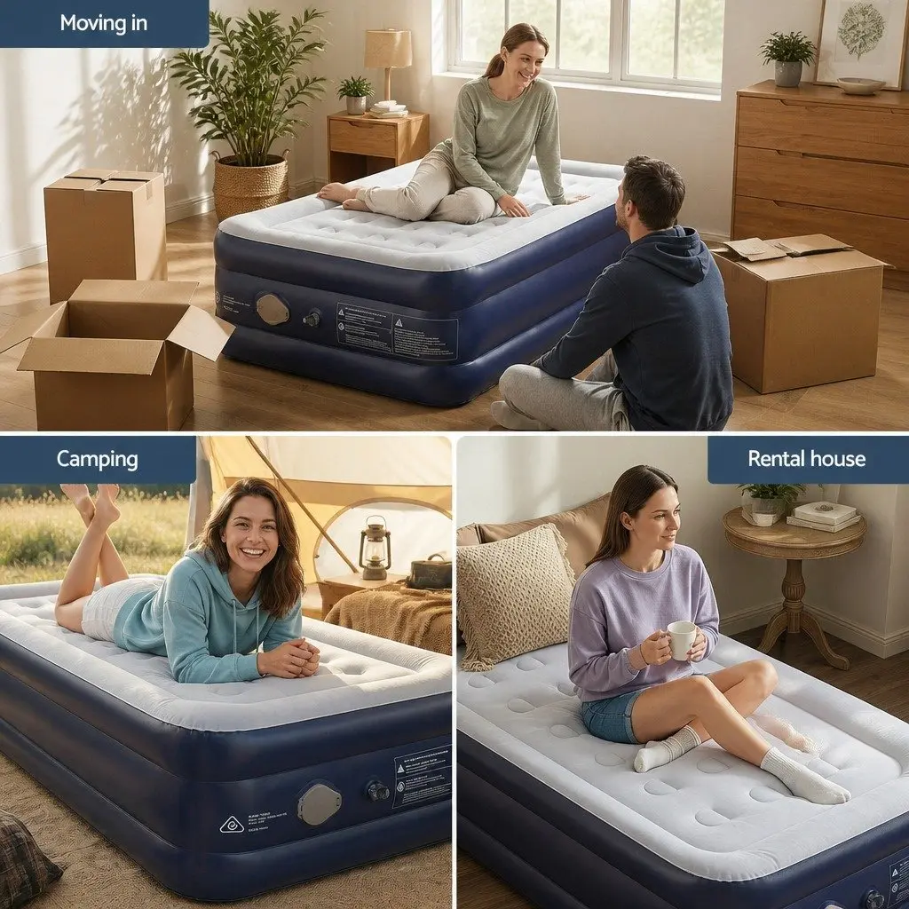 Single Air Mattress Navy Blue 46cm High Inflatable Bed with Integrated USB Pump