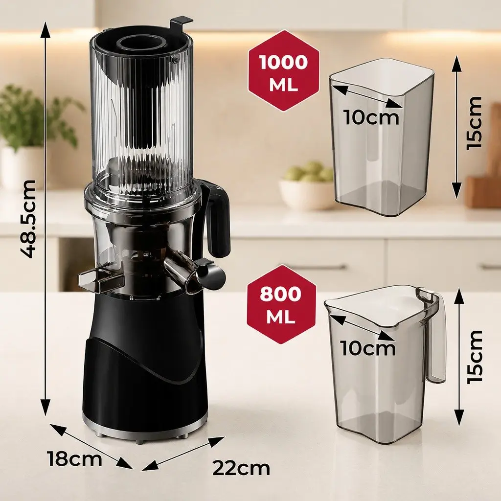 Cold Press Juicer Black 200W Low-Speed Masticating Auger Large Mouth Feed Chute