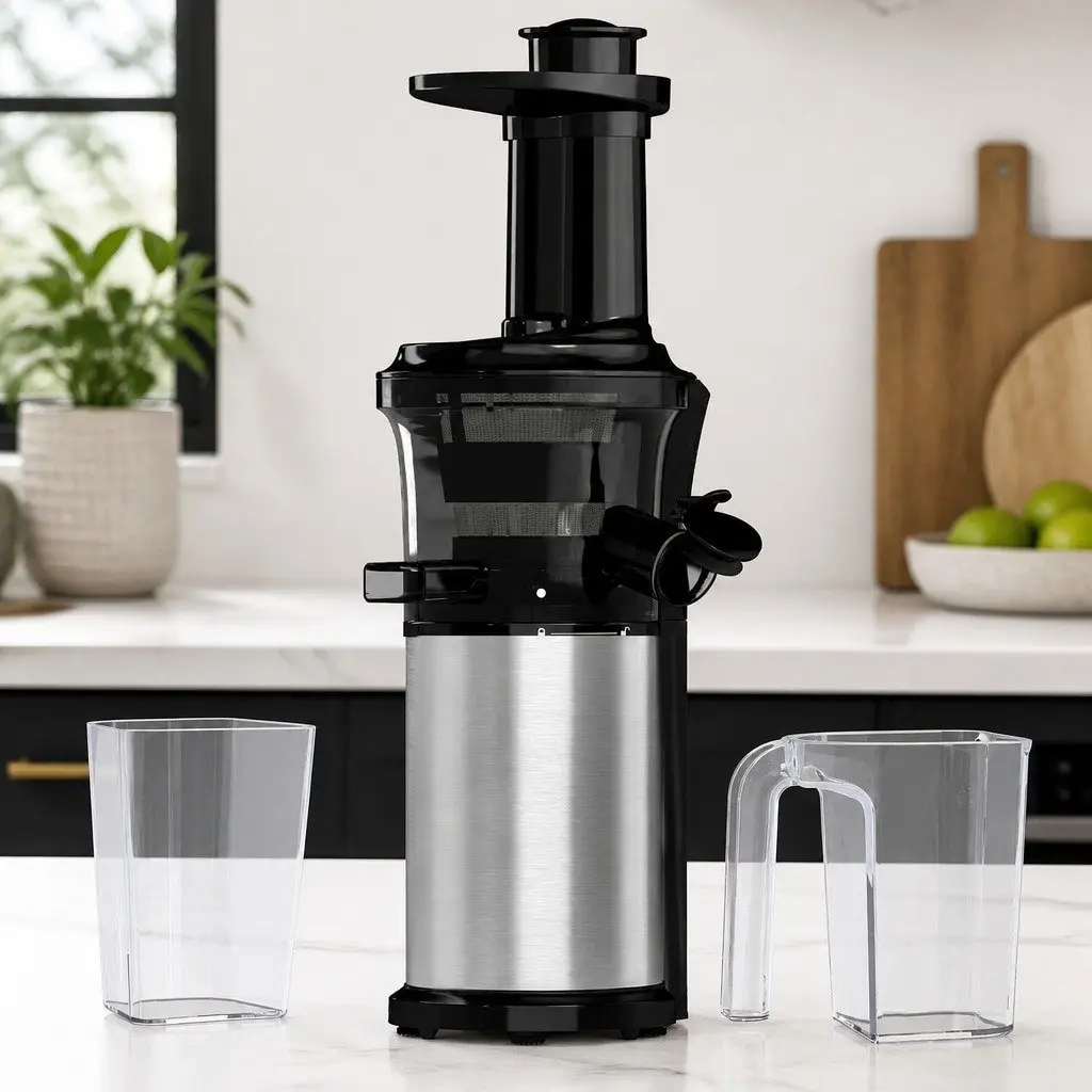 Slow Juicer Black Compact 150W Quiet DC Motor Cold Press System Reverse Anti-Clog Function