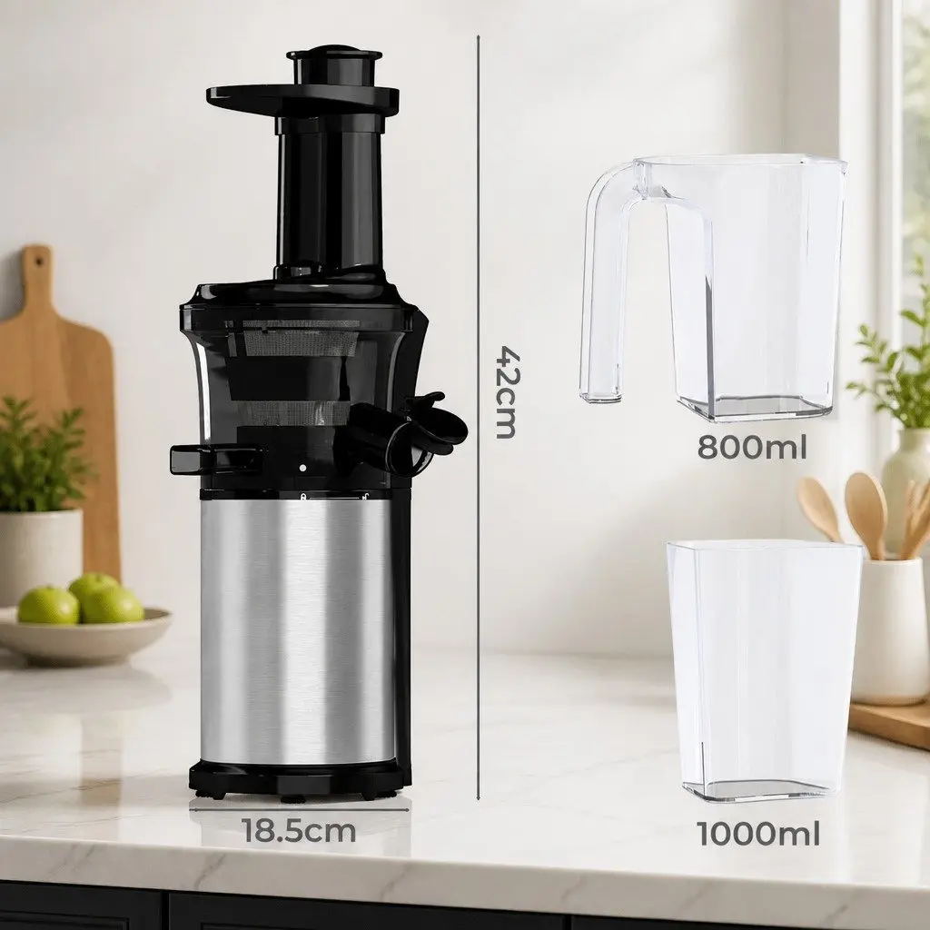 Slow Juicer Black Compact 150W Quiet DC Motor Cold Press System Reverse Anti-Clog Function