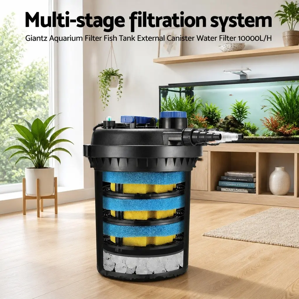External Canister Aquarium Filter Black 10000L/H High Efficiency Multi-Stage Filtration with UV Sterilization and Turbidimeter