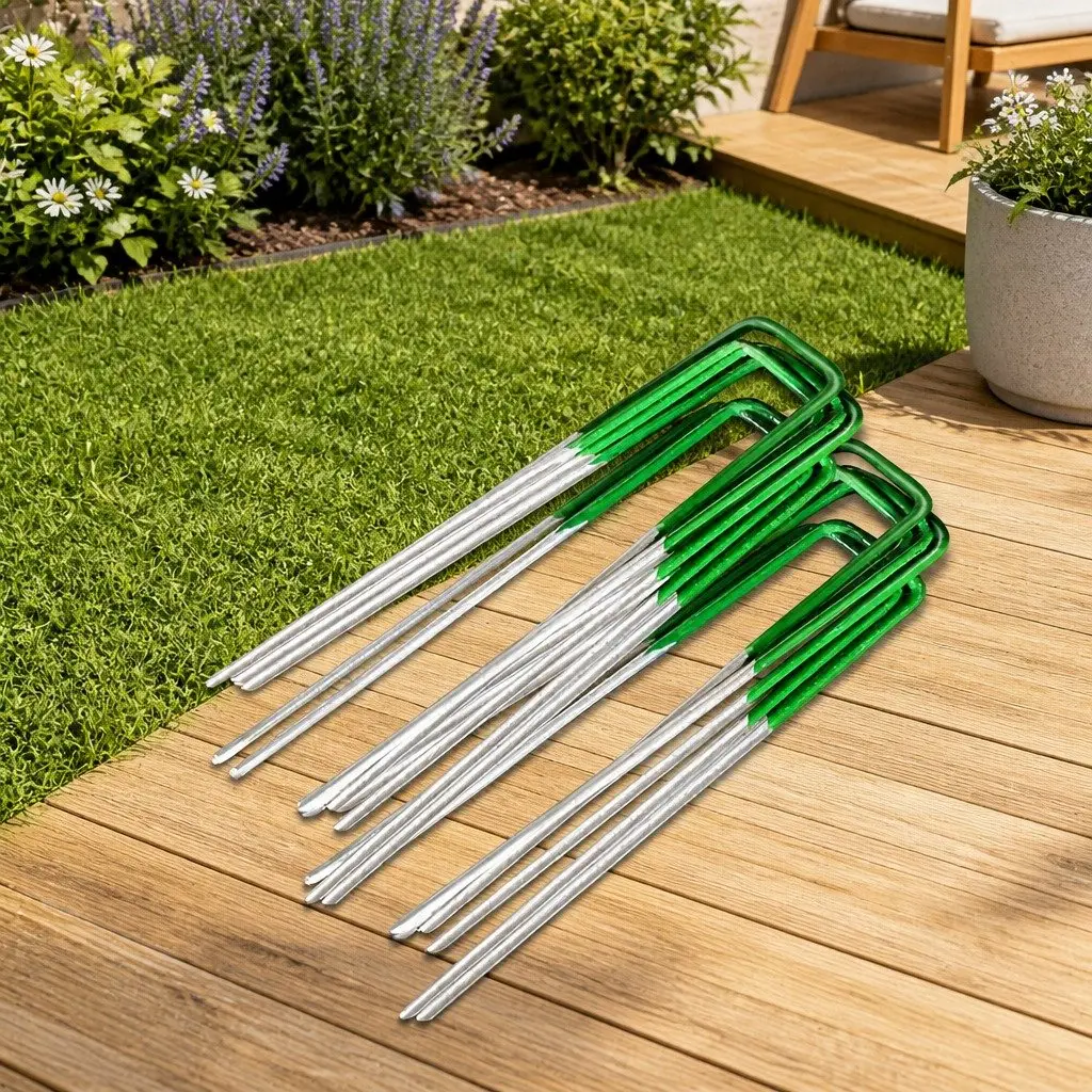 Synthetic Grass Pins Green 150mm Galvanized Steel U-Shape Turf Pegs for Landscaping