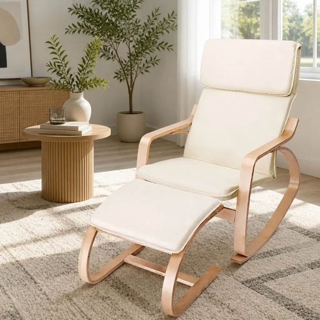 Rocking Armchair with Footstool Bentwood Contemporary Design Beige Lounge Chair