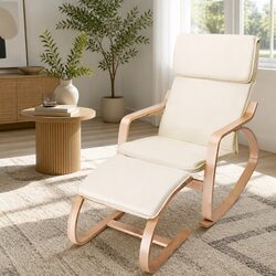Rocking Armchair with Footstool Bentwood Contemporary Design Beige Lounge Chair