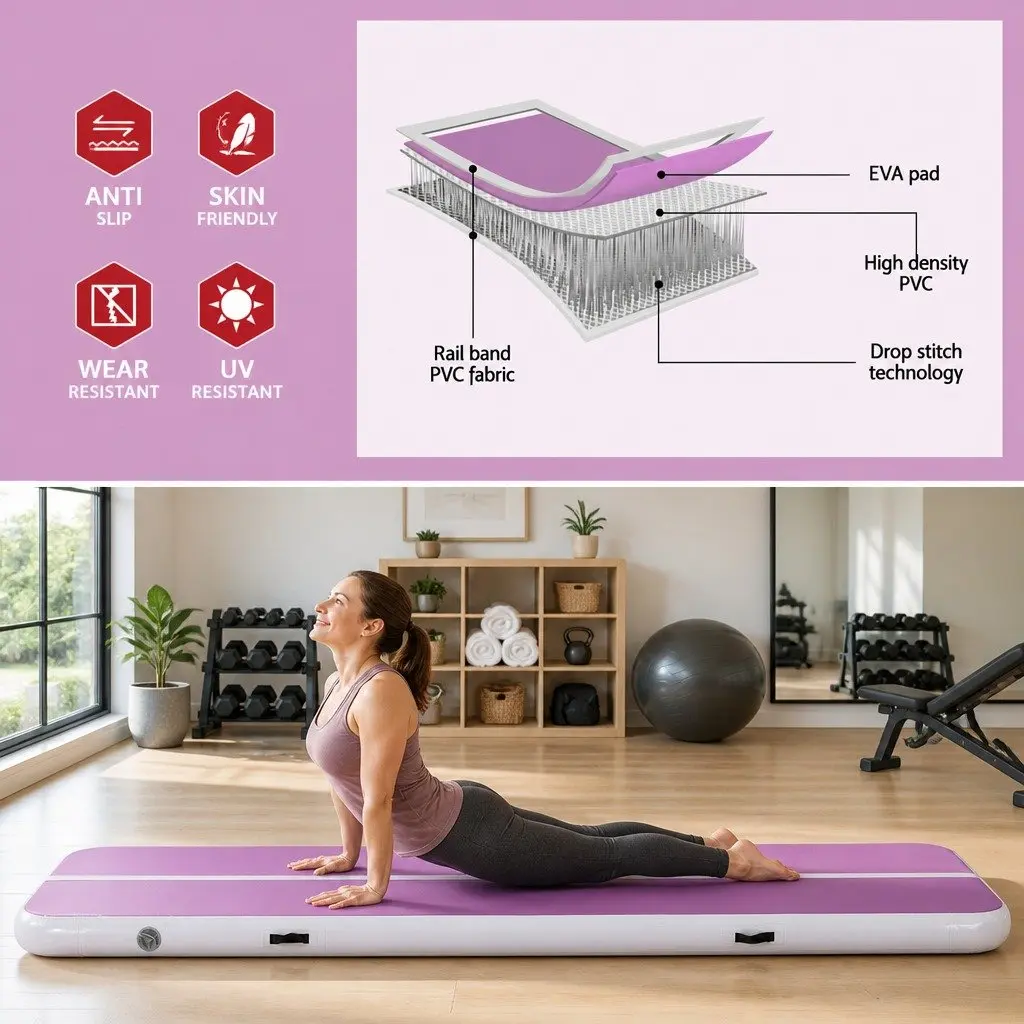 Air Track Mat Purple 300cm Inflatable for Gymnastics Tumbling Yoga with Electric Pump