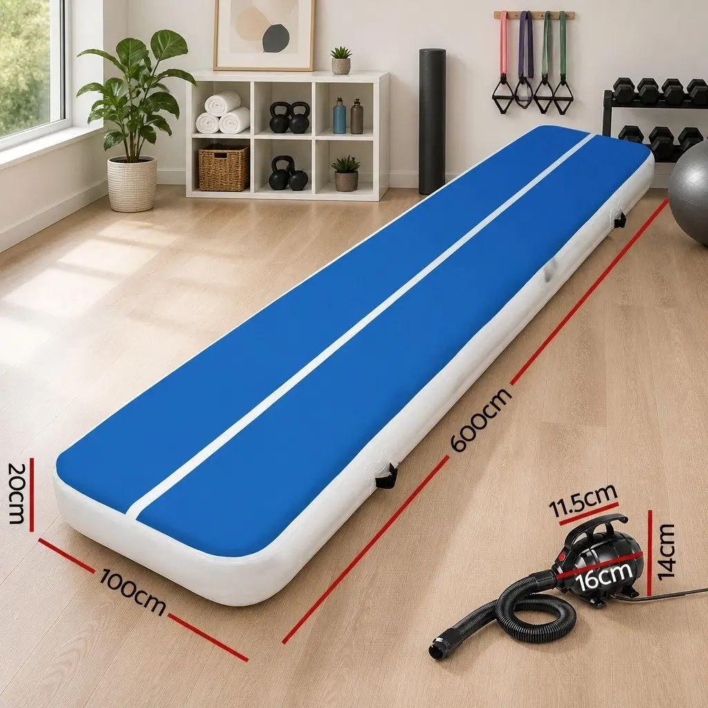 Inflatable Air Track Mat Blue 6M Cushioned Surface for Gymnastics Tumbling Yoga Training Fitness