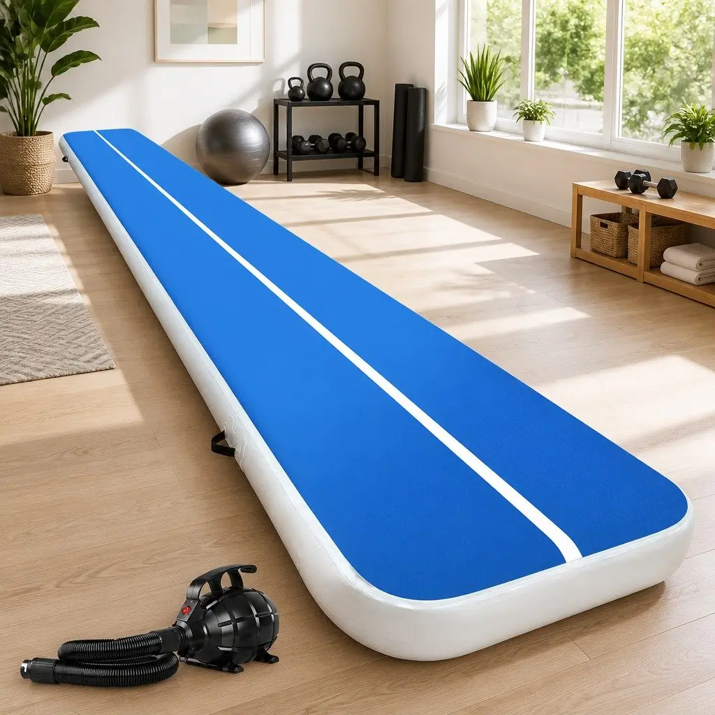 Inflatable Air Track Mat Blue 6M Cushioned Surface for Gymnastics Tumbling Yoga Training Fitness