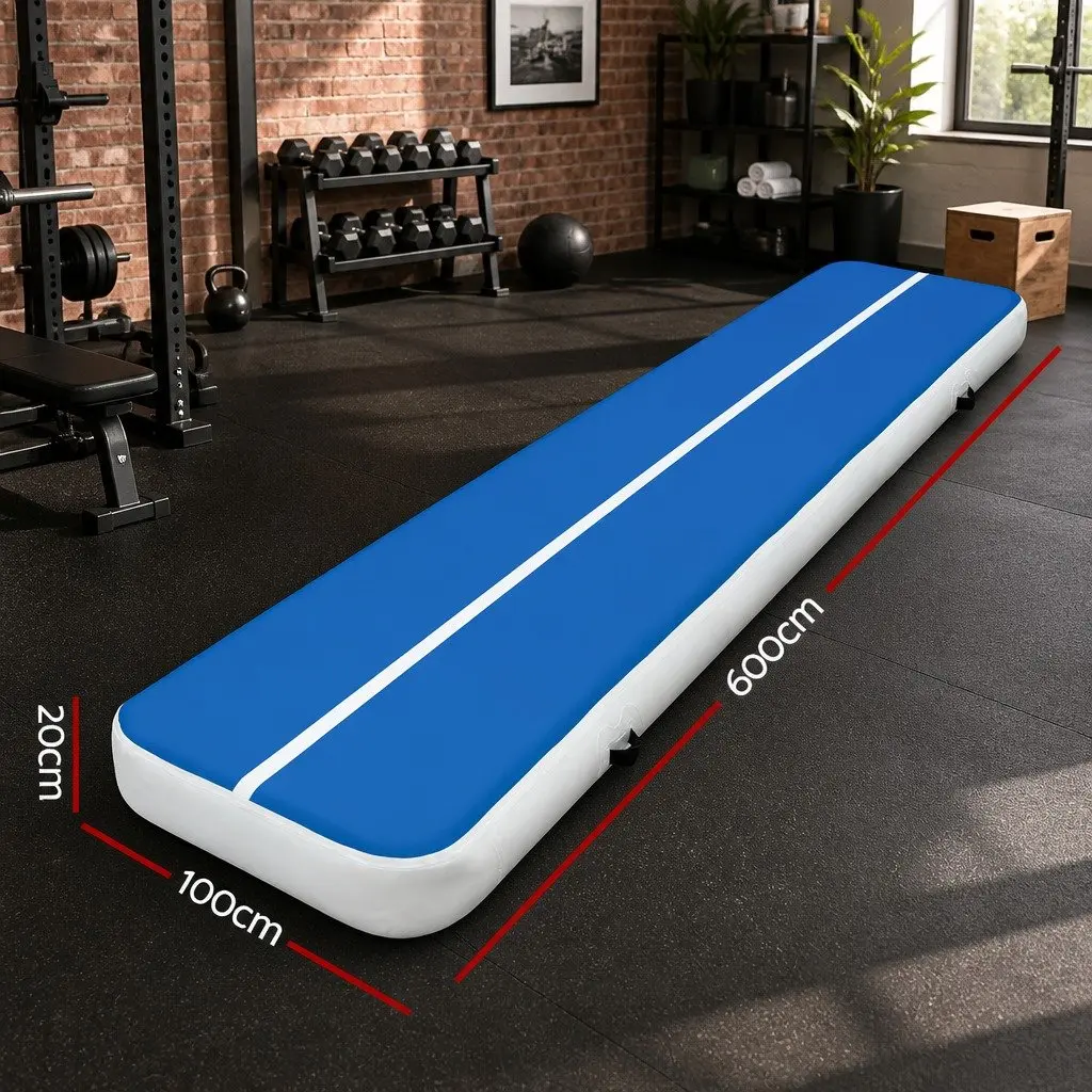 Inflatable Air Track Mat Blue 6m x 1m Cushioned Surface for Gymnastics Tumbling Exercise Training